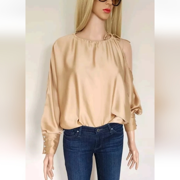ZARA GOLD RHINESTONES BUTTONS SILKY FLOWY SATIN BLOUSE ONE SHOULDER TOP SMALL S - Picture 1 of 12
